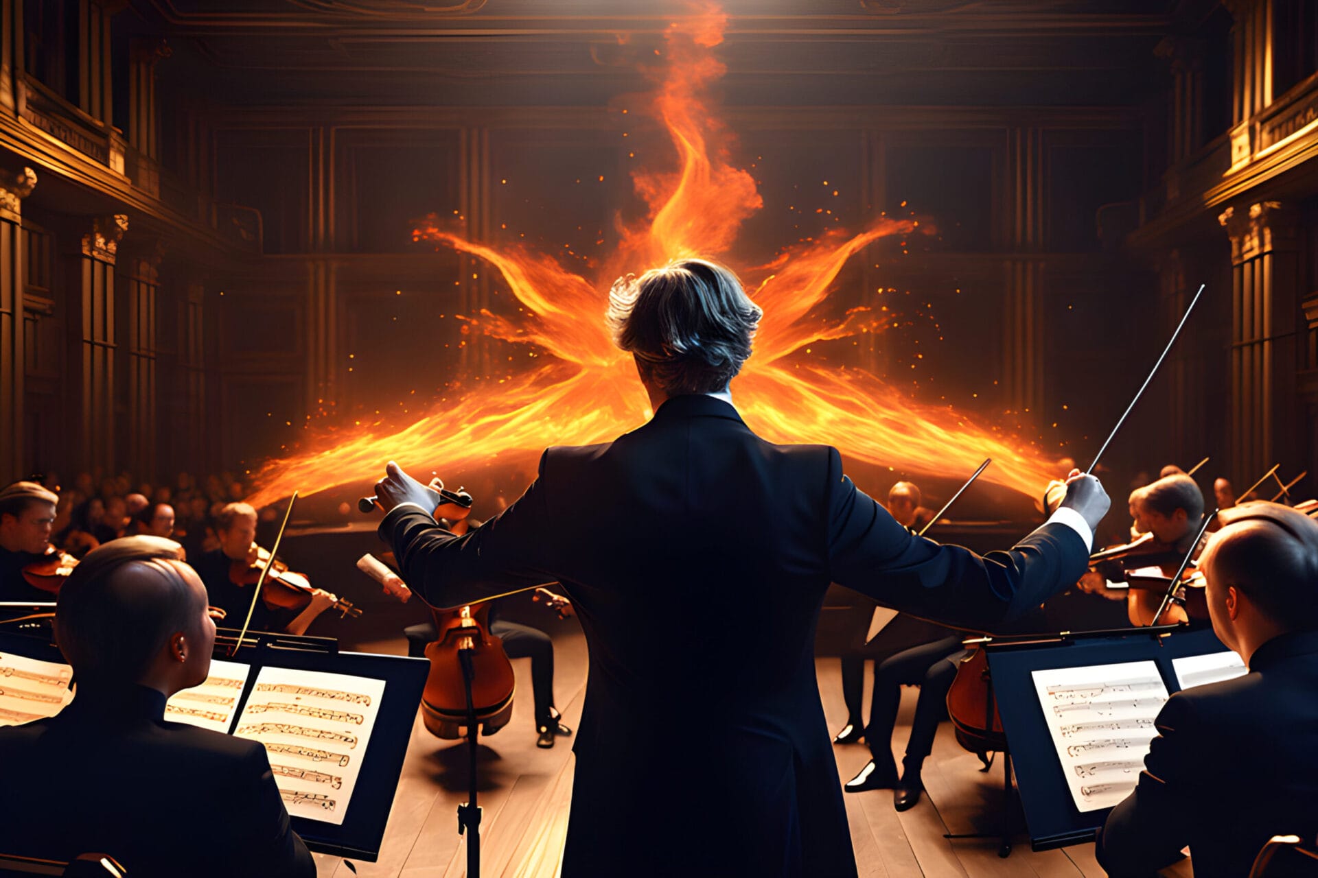 the fiery back of the conductor conducting the orchestra. Generative AI