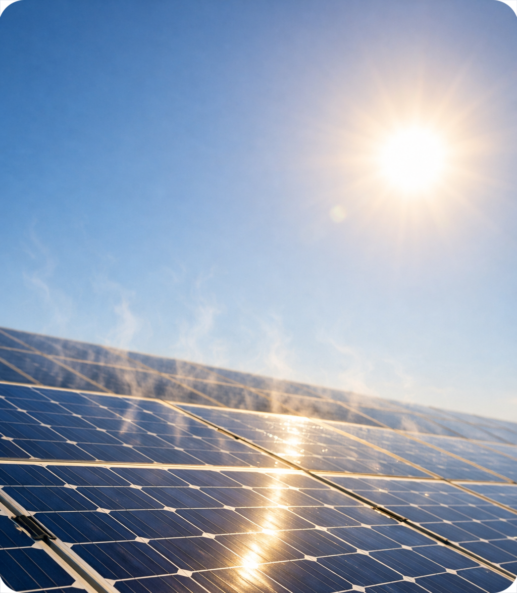Solar panels scorching under the glaring sun during a heatwave